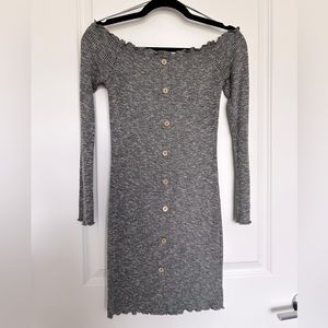 Off the shoulder Gray Mini Long Sleeve Dress with Brown Buttons